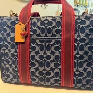 Coach Denim and Red Signature Tote